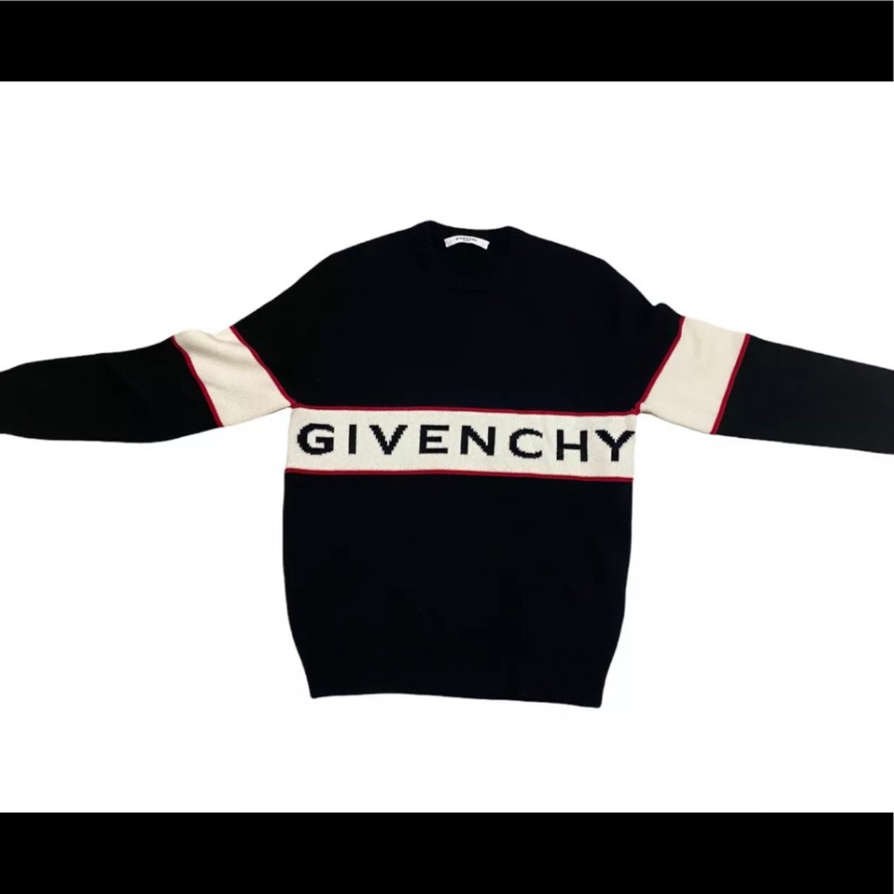 GIVENCHY Logo Intarsia Wool Sweater Black White Red Men size M